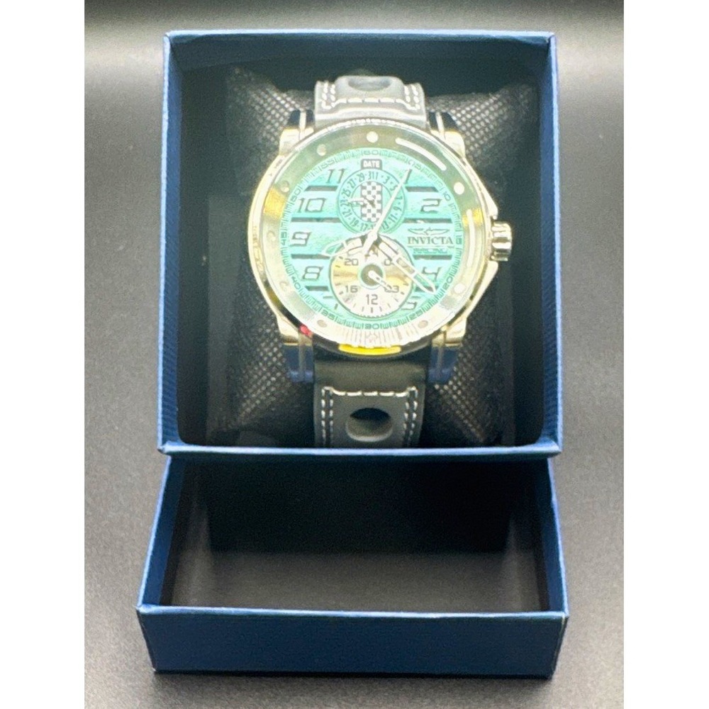 Invicta Racing Mens Quartz 45mm Green Dial SS Case Gray Leather Strap Date-1243